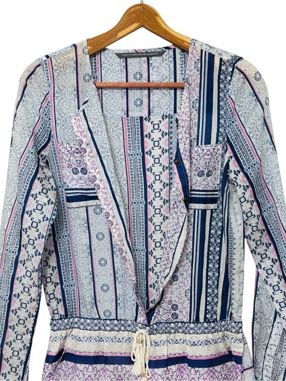 Twelfth Street Cynthia Vincent Cotton Silk Romper M Boho Blue Pink Tassel Fringe - Picture 8 of 16